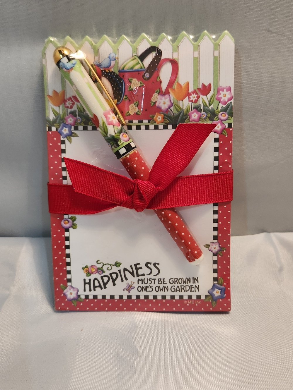 Vintage Mary Engelbreit Garden Happiness Notepad & Polka Dot Pen - Red